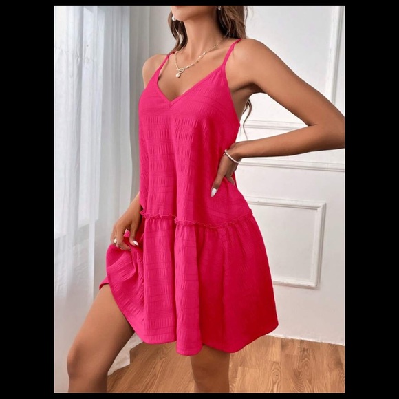 Boho Hot Pink Solid Frill Cami Mini Dress - Picture 7 of 8
